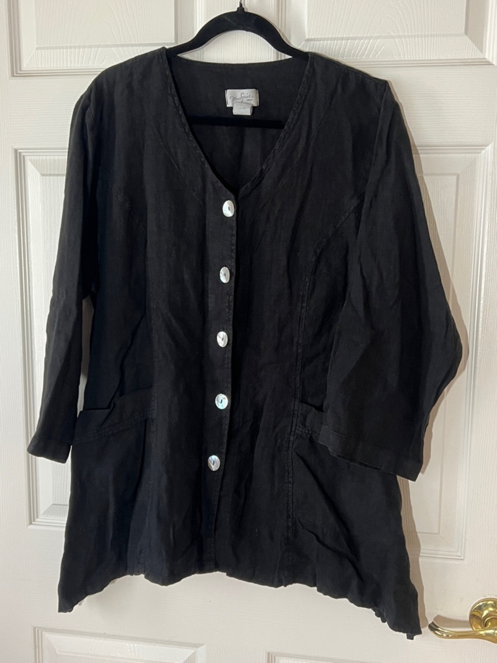Vintage Mosaic USA Black Linen Tunic Blouse Lagenlook, Sz Large